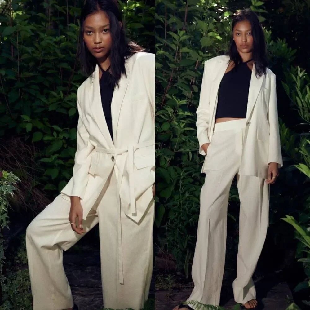ZARA Linen Belted Jacket in cream L NWT